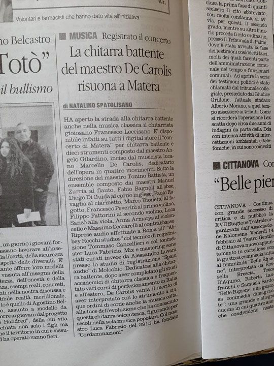 Ill quotidiano del sud parla del concerto di Matera composto da Angelo Gilardino ed inciso da Marcello De Carolis