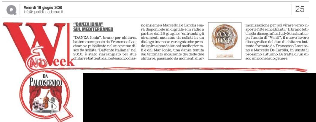 Articolo del quotidiano del sud sull'uscita di Danza Ionia per duo di chitarra battente Loccisano De Carolis