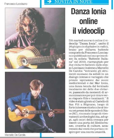 Articolo su Quotidiano del sud del videoclip "Danza Ionia" del duo di chitarra battente Loccisano - De Carolis